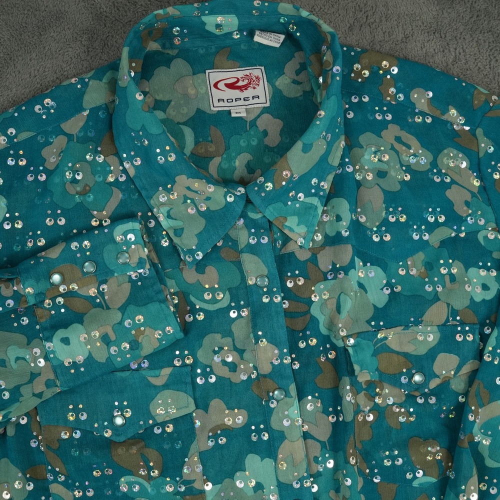 Roper Sequin Pearl Snap Western Shirt Womens 2X Teal Green Floral Cowgirl Rodeo